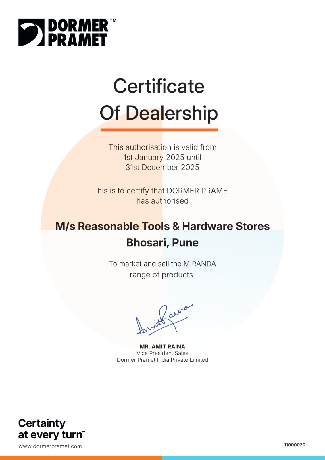 Dormer Pramet Certificate